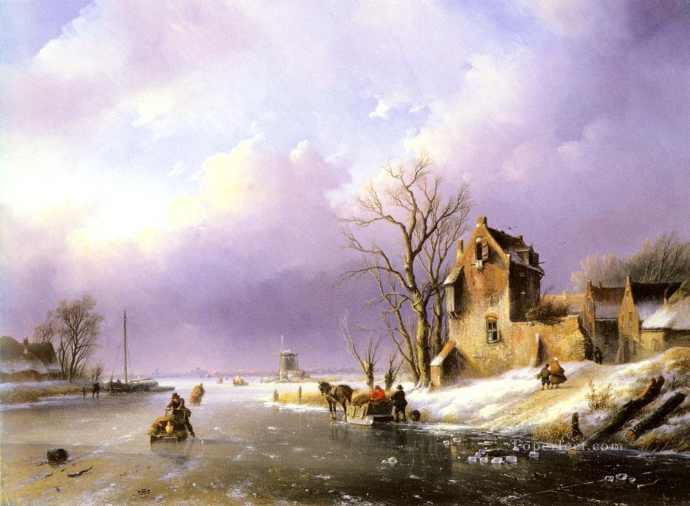 Paisaje nevado con figuras sobre un río helado Jan Jacob Coenraad Spohler Pintura al óleo